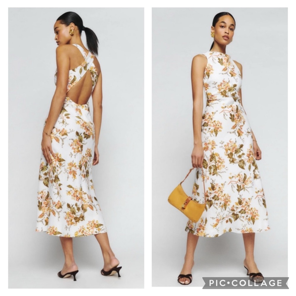 Reformation 4 Casette Bella Floral Linen Midi Dress Open Back